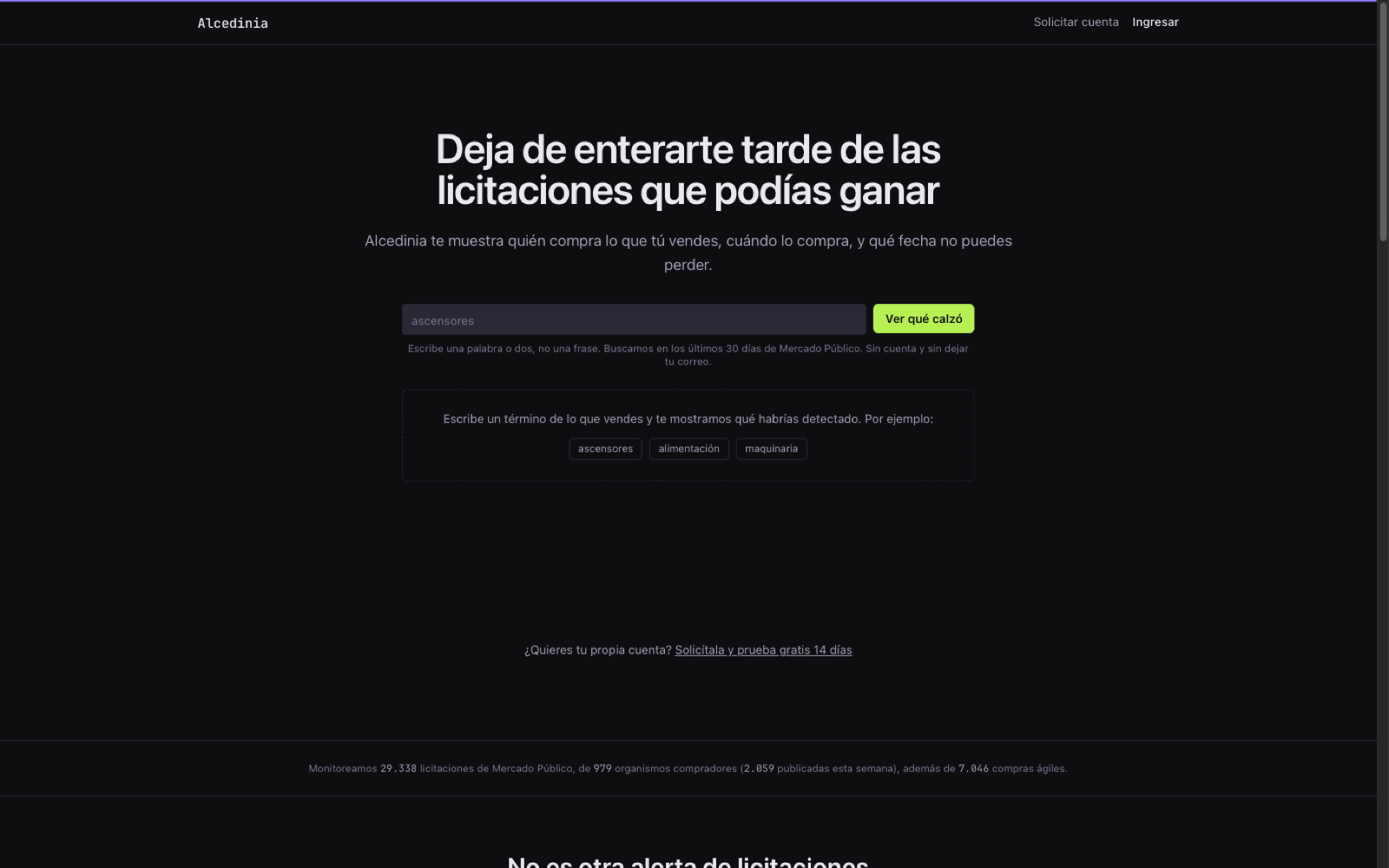 Portada de Alcedinia: buscador de licitaciones de Mercado Público con el contador de licitaciones y organismos compradores monitoreados