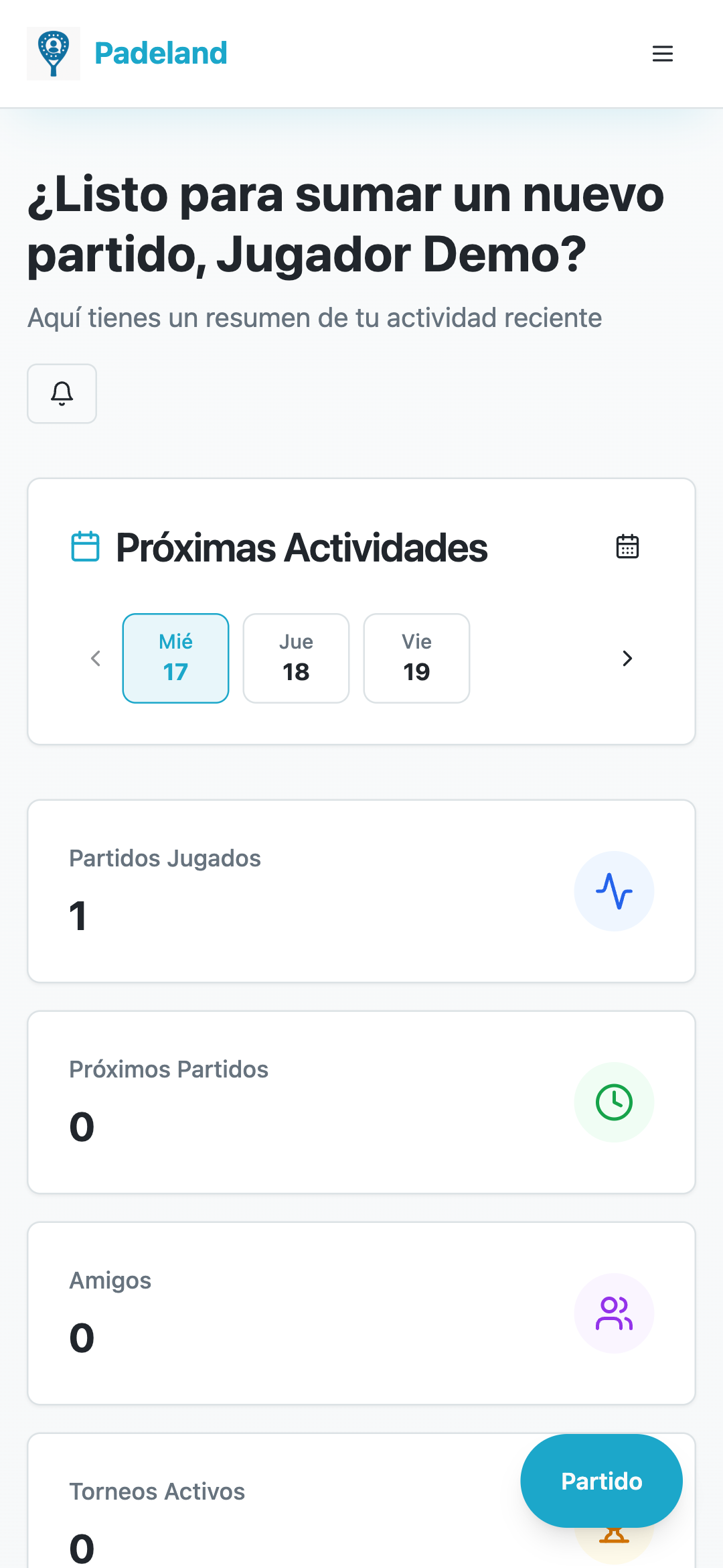 Pantalla principal de Padeland con el resumen de actividad y próximas actividades del jugador